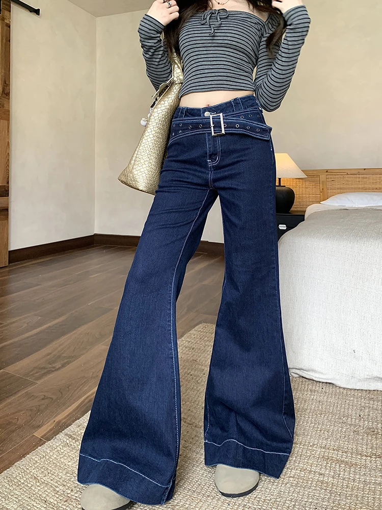 المرأة خمر Bootcut الجينز الخريف الشتاء الأزرق الداكن هوتي المرقعة الدنيم السراويل عادية مكتب سيدة عالية الخصر فضفاض بنطلون جديد #2