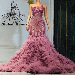 Elegant Pink Sequin Long Prom Dresses Black Girl Strapless Birthday Dress Women 2024 Bead Ruffles Evening Gown Customized