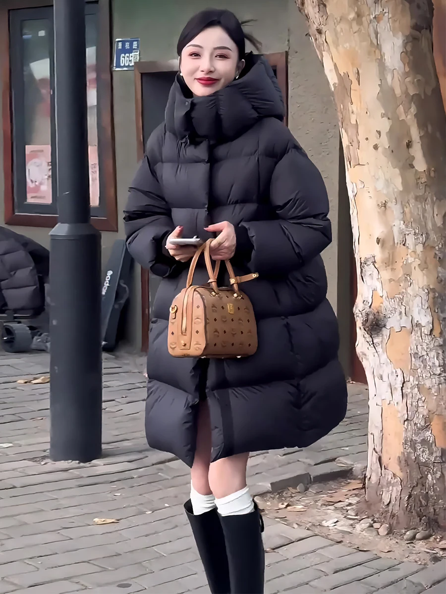 

Утепленное зимнее белое пуховое пальто для женщин, модное, теплое, с капюшоном, объемное, длинное, для повседневной носки, 2024