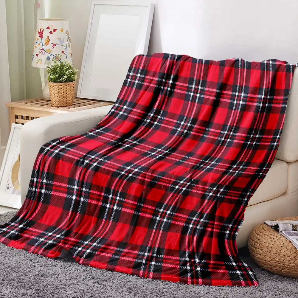 Classic Tartan Plaid Throw Blanket - Bright Red with Black & White Checkered Pattern, Symmetrical Traditional Design, Soft &