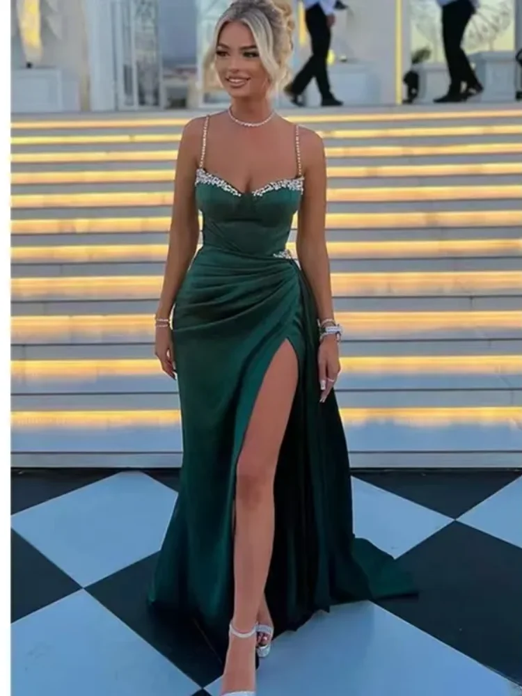 Green Sexy Evening Dress With Waist Decoration Pleated Long Skirt Satin Beaded High Slit Party Dance Dress Customized