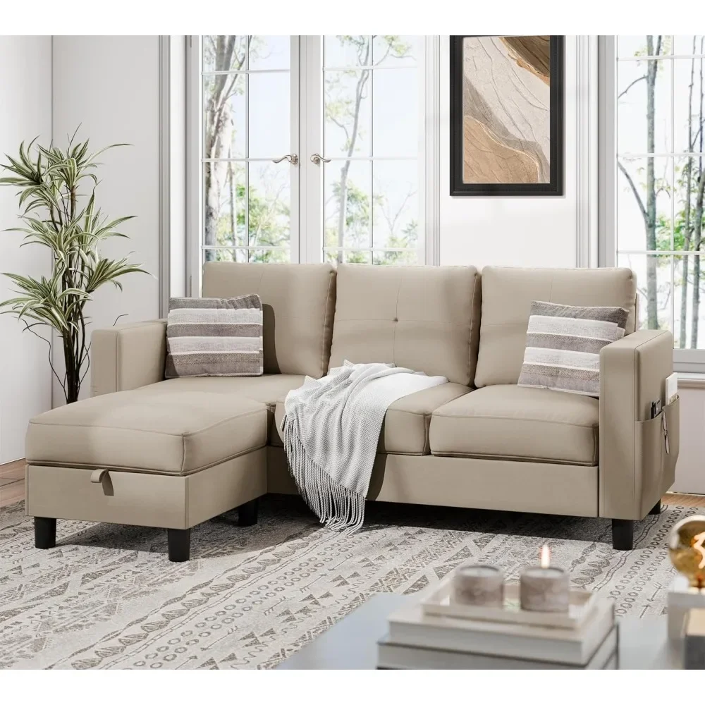 Convertible Sectional Sofa Couch, L Shaped Couch Sofa, Small 3 Seat Sofa Couch with Storage Ottoman and Side Pockets