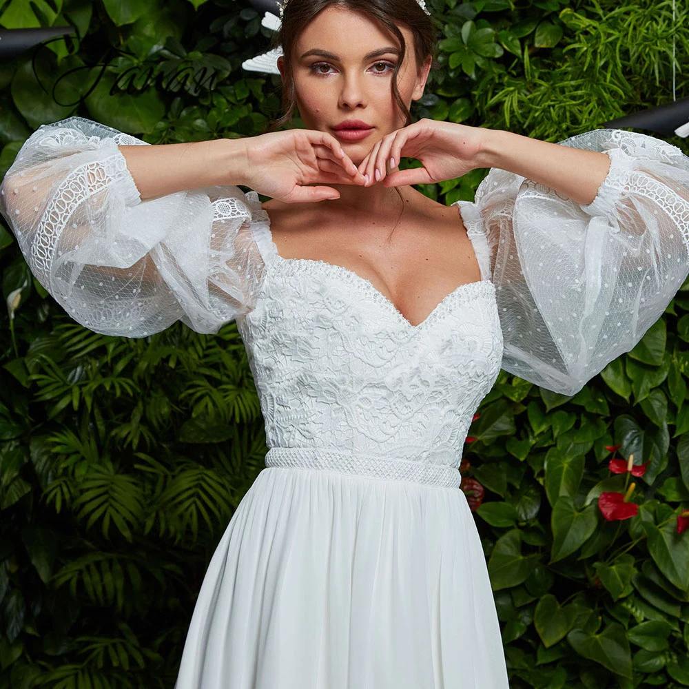 Boho querida puff manga chiffon vestidos de casamento rendas apliques a linha sem costas vestido de noiva vestido de noiva пла coiе