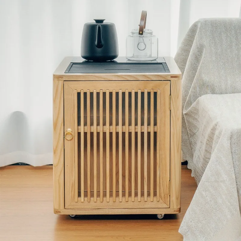 Ash wood tea bar machine household tatami living room small tea table movable solid wood coffee table log style furniture