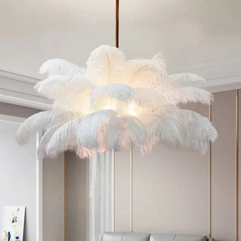 Nordic Ostrich Girl Ins Feather Art Living Room Chandelier Bedroom Indoor Hanging Lamp Chandelier Home Decoration Ceiling Lamps