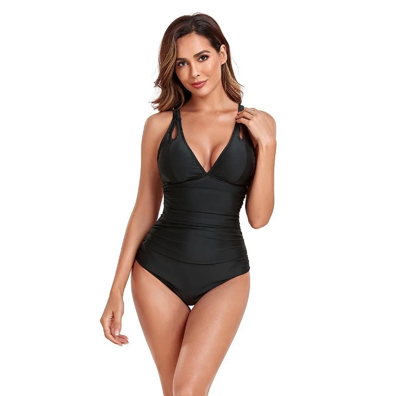 2026 New Black Ruffle One Piece Swimsuit Tummy Control Modest Swimwear For Beach Pool Holiday Wear