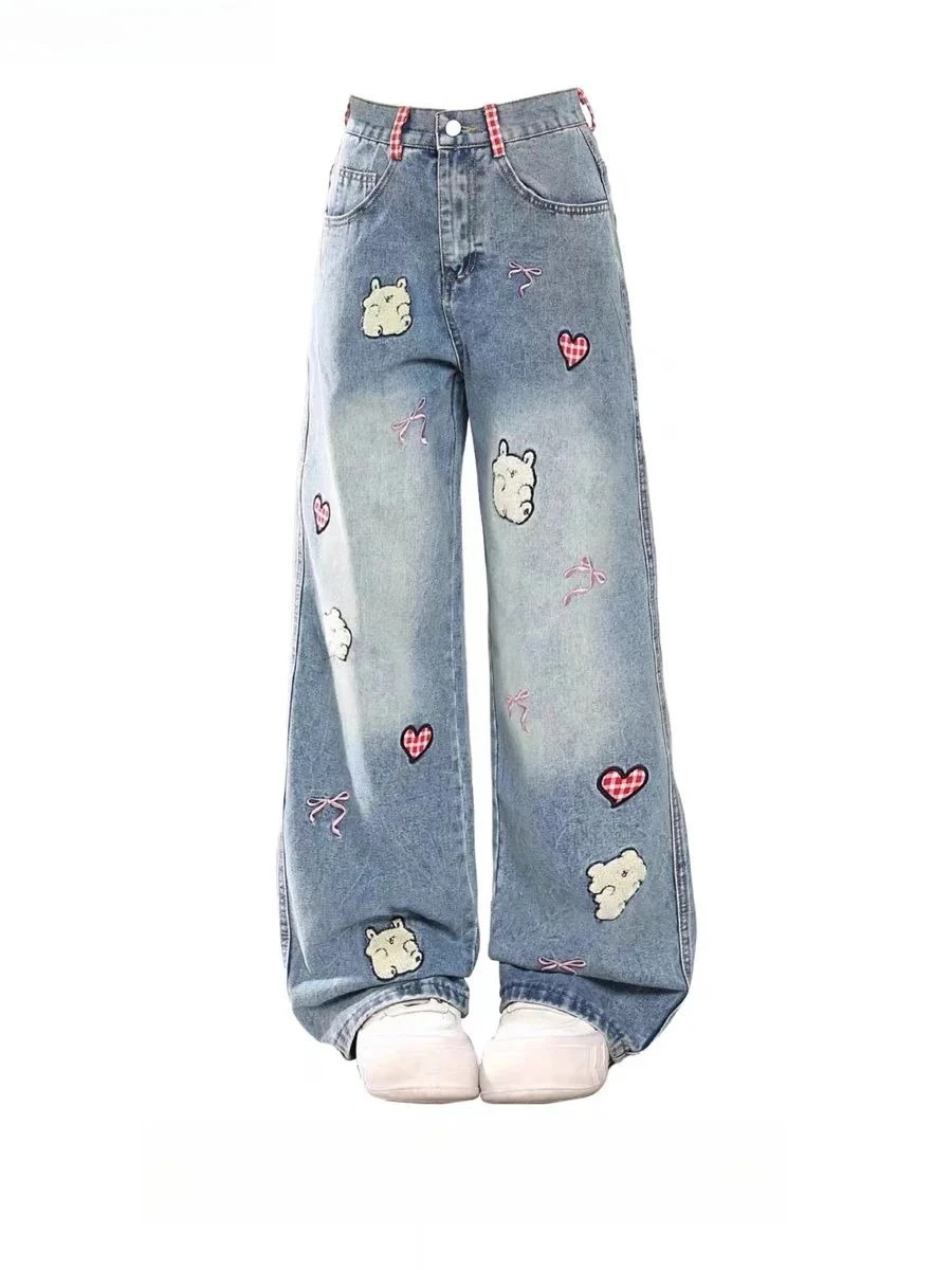

American Vintage Cartoon Embroidery Wide Leg Pants Women's Y2K Loose Casual Straight Pants Female Sweet Japanese Fashion Jeans
