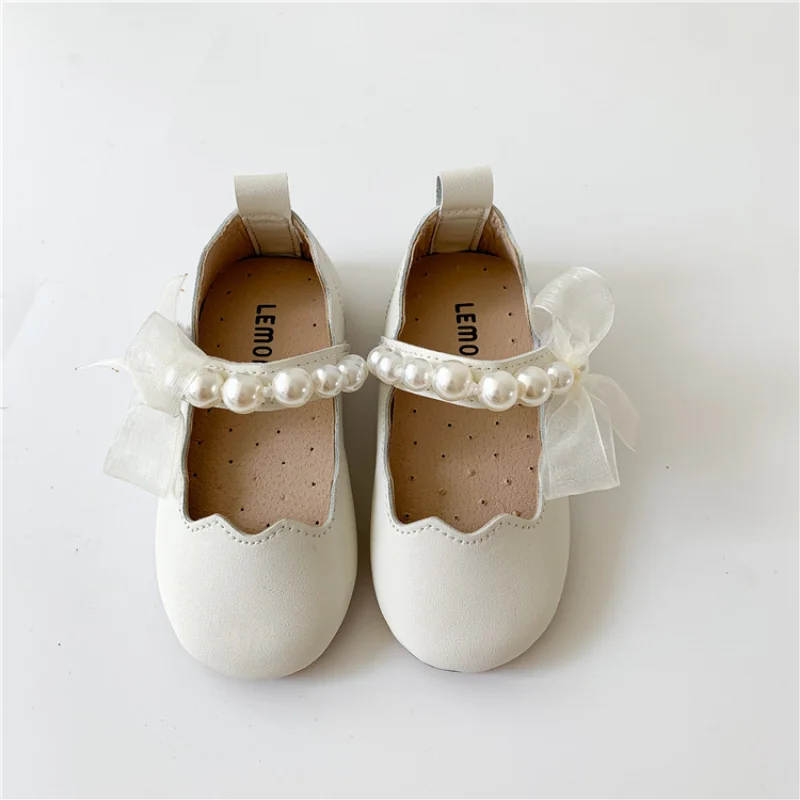 Tenis Girls Leather Shos Spring Autumn New Soft Soled Little Girl Princess Shoe Toddler Performance Fashion Lace Pearl Kids Shoe