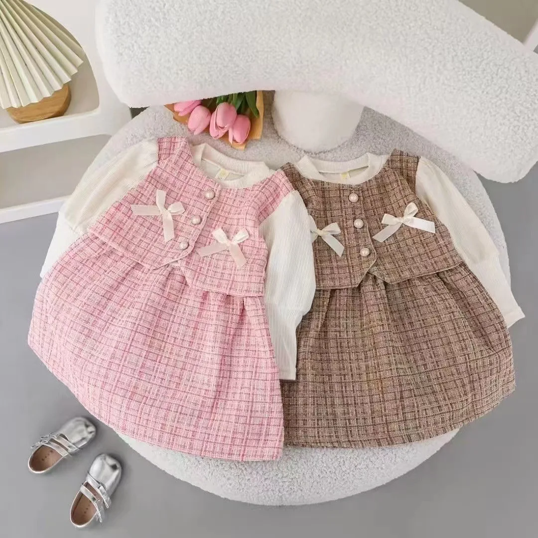 Spring Autumn New Baby Girl Fashion Dress Korean Version Long Sleeve Patchwork Fake Two-Piece Outfit Infant Toddler Sweet Dress