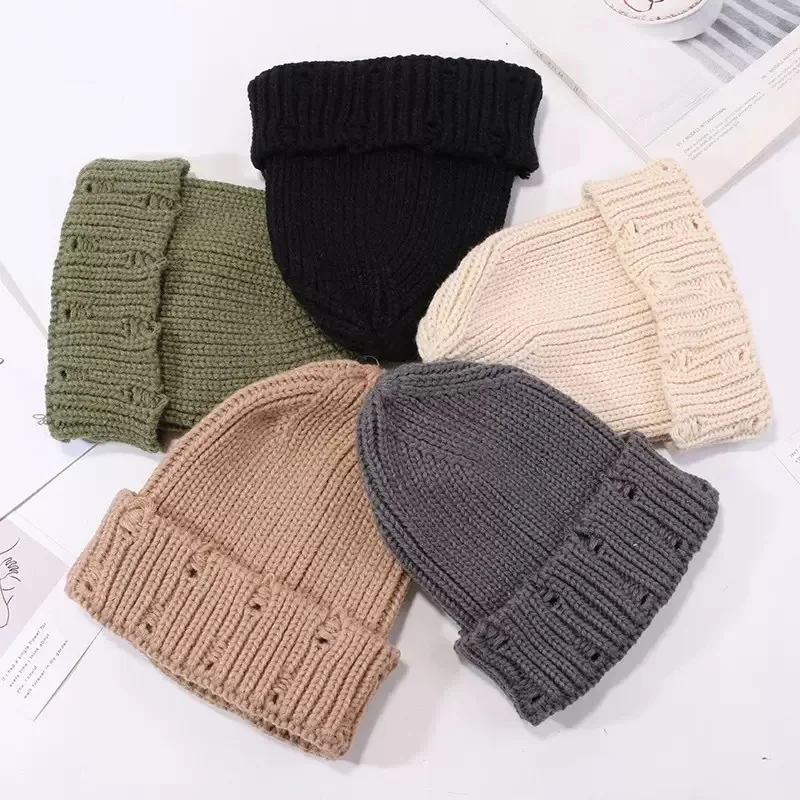Hats Men Women Solid Color Broken Wool Hat Japanese Versatile Knitted Hat Autumn Winter Warm Pointed Beanie Cap Outdoor Warm