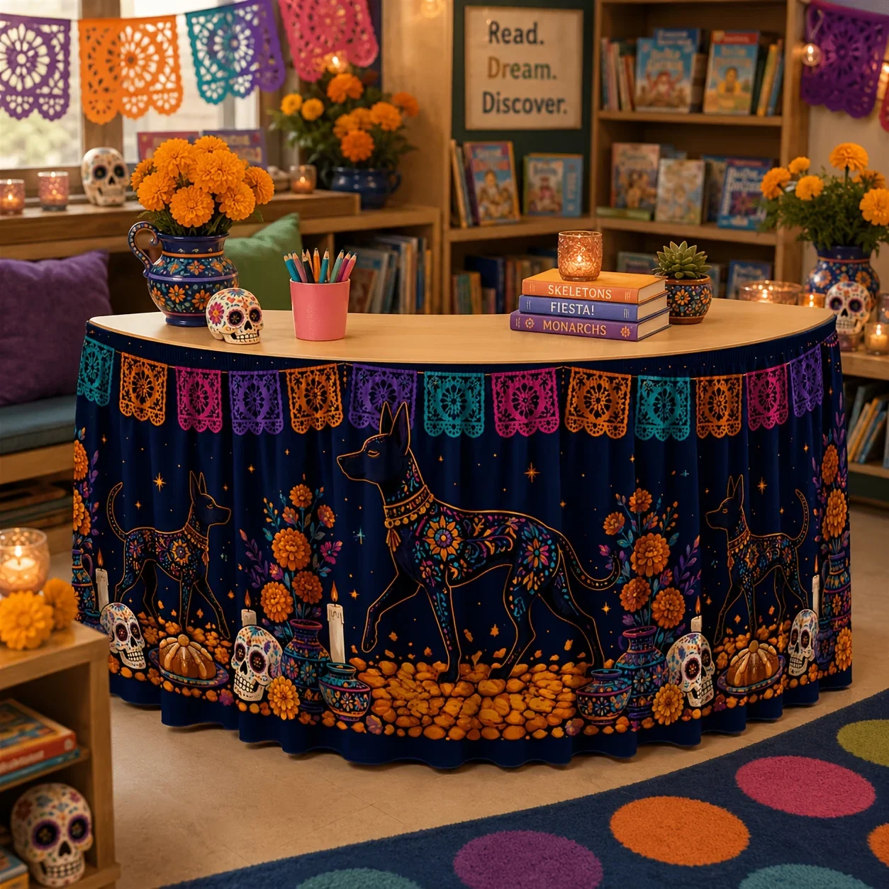 One table skirt. Mexican Day of the Dead table skirt. Printed pattern. Polyester. Xolo dog.