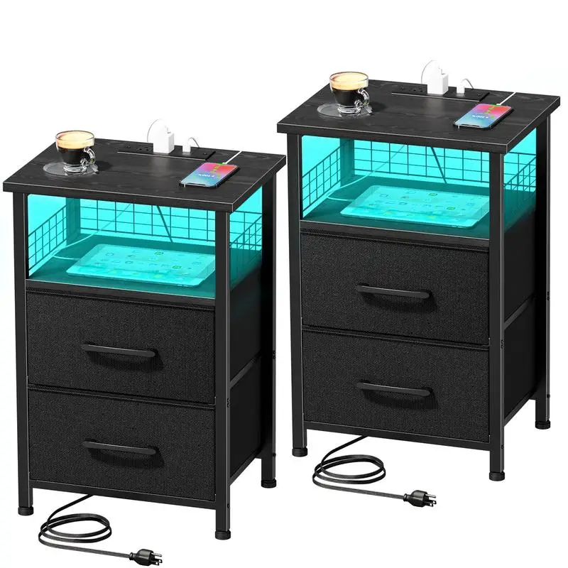 LED Nightstand Sets of 2 With Charging Station and  Drawers, Bedside Tables, Space-Saving End Table With USB Ports For Apartment