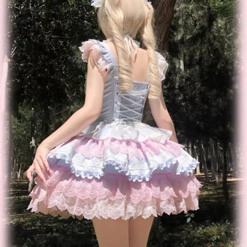 Damen Vintage Sweet Lolita Kleid 2026 Sommer Ärmellos Spitze Rüschen Mesh Schleife Gothic Prinzessin Cosplay Urlaub Party Kleidung