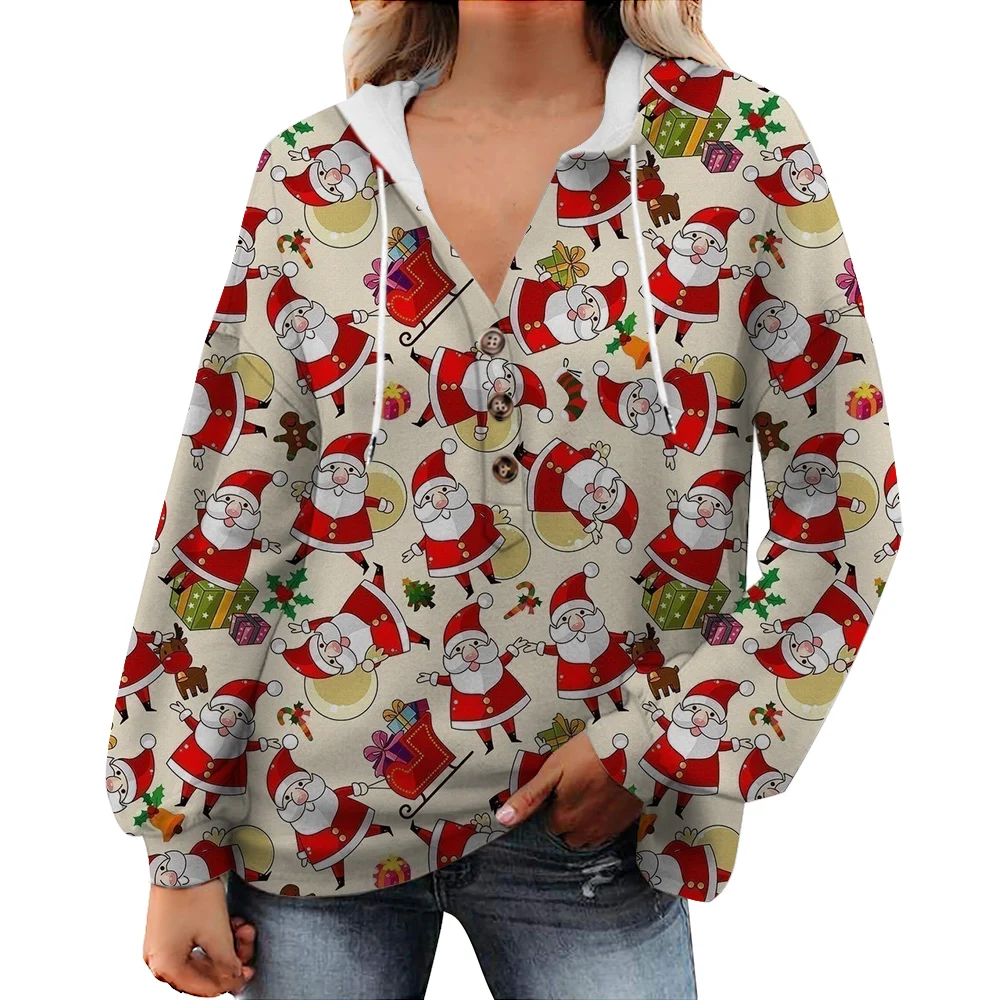 CLOOCL Hoodie Tops Women Chic Clothing Long Sleeve Button Drawstring Street Fashions Happy Santa Claus Print Hooded Sweatshirt