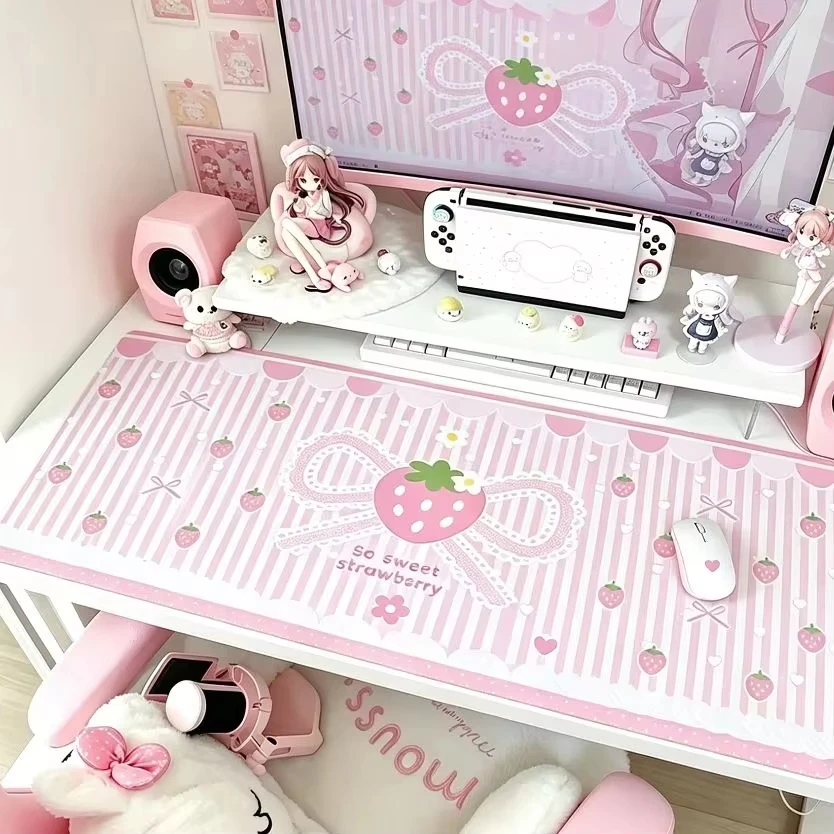 New Leather Desk Pad Protector Pink Grid Bow Strwberry Lace Mouse Pad Office Desk Mat Waterproof Non-Slip PU Desk Blotter Pad
