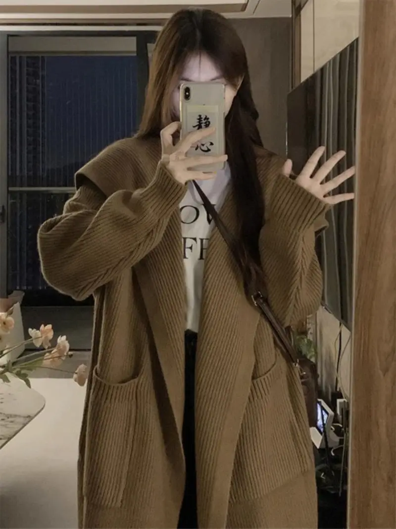 

Mid-Long Cardigans Thick Womens Spring Streetwear Kintted Chic Hip-Hop Half-Sleeve Polka-Dot Ruffle Knitwears Double-Pocket Slim