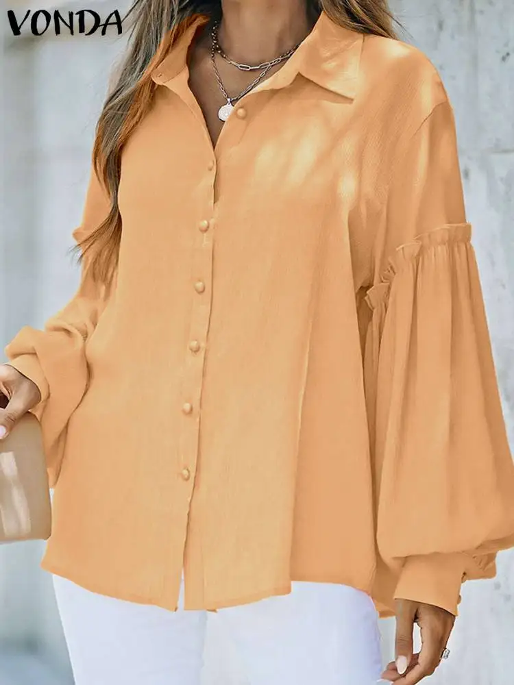 VONDA Long Sleeve Shirts Women Elegant Solid Color Blouse 2023 Casual Puff Sleeve Party Tops Femininas Tops Baggy