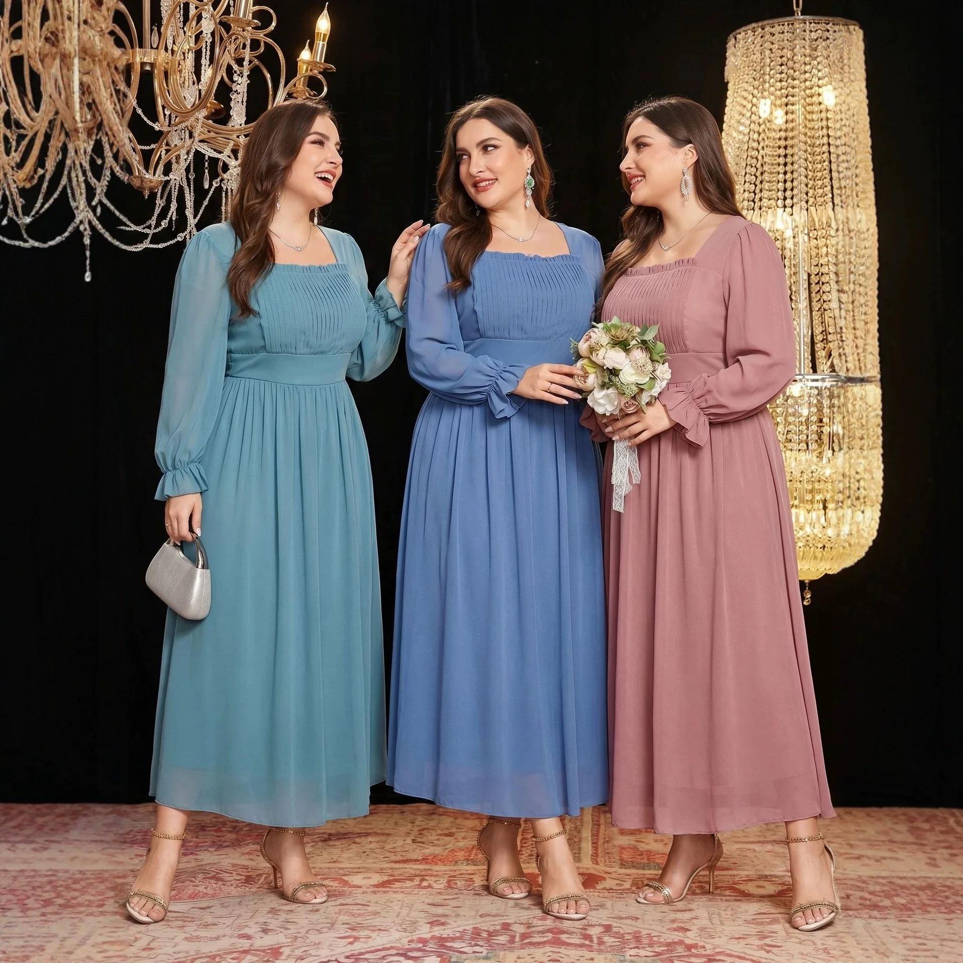 

Women Elegant Bridesmaid Dress Long Sleeve Square Neck Chiffon Maxi Dress Wedding Party Formal Evening Dress for Wedding Guest