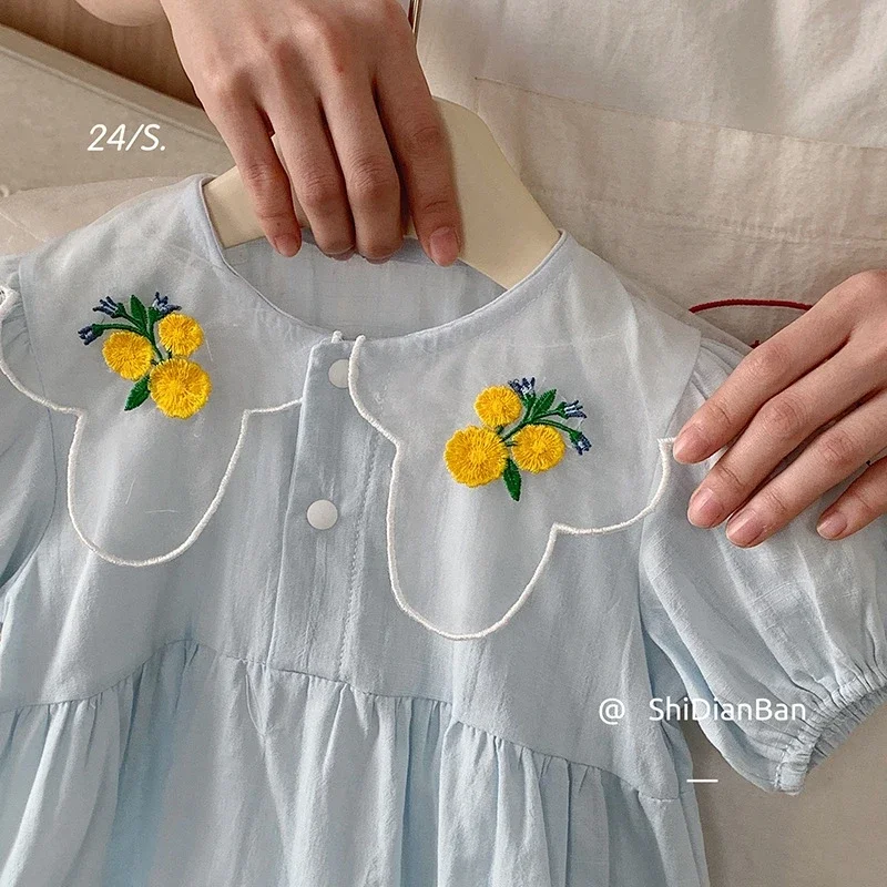 2024 Baby Girls Sweet Flowers Embroidery Collar Rompers Fashion Summer Clothing Toddler Kids Bodysuits Clothes