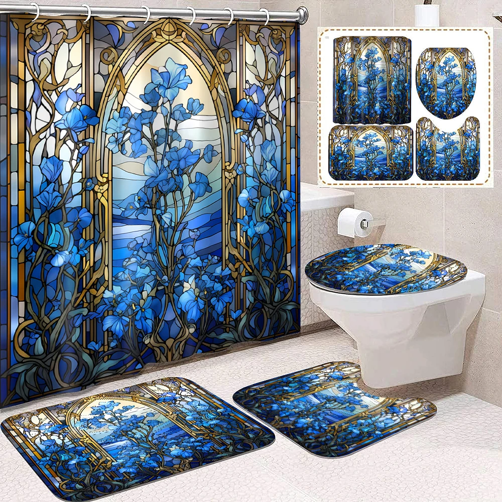 

1 комплект синих стеклянных штор для душа с цветочным принтом в стиле ретро, 12 крючков и ковриков для ванной комнаты.