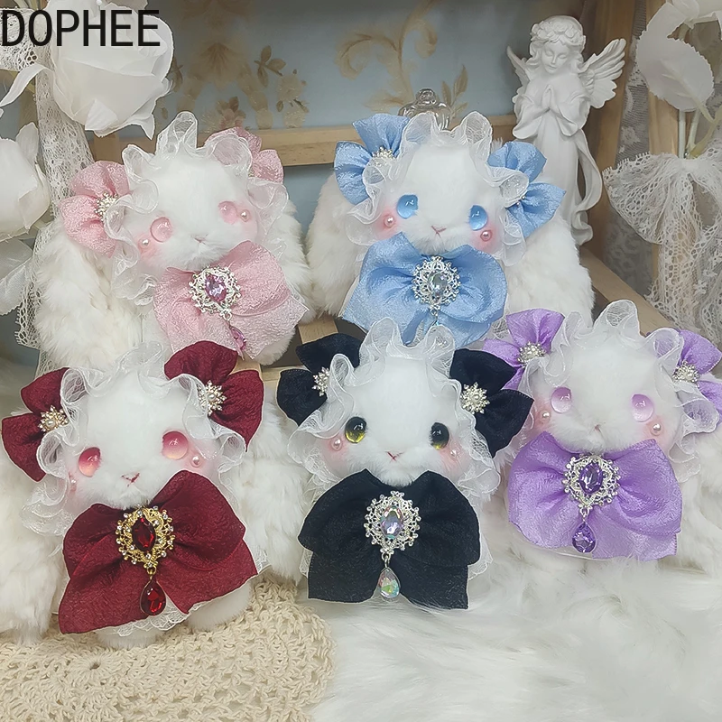 Original Handwork Lolita Rabbit Cute Ears Diamonds Bow Fluffy Doll Bunny Beading Lace Ruffles Princess Keychain Pendant Gift
