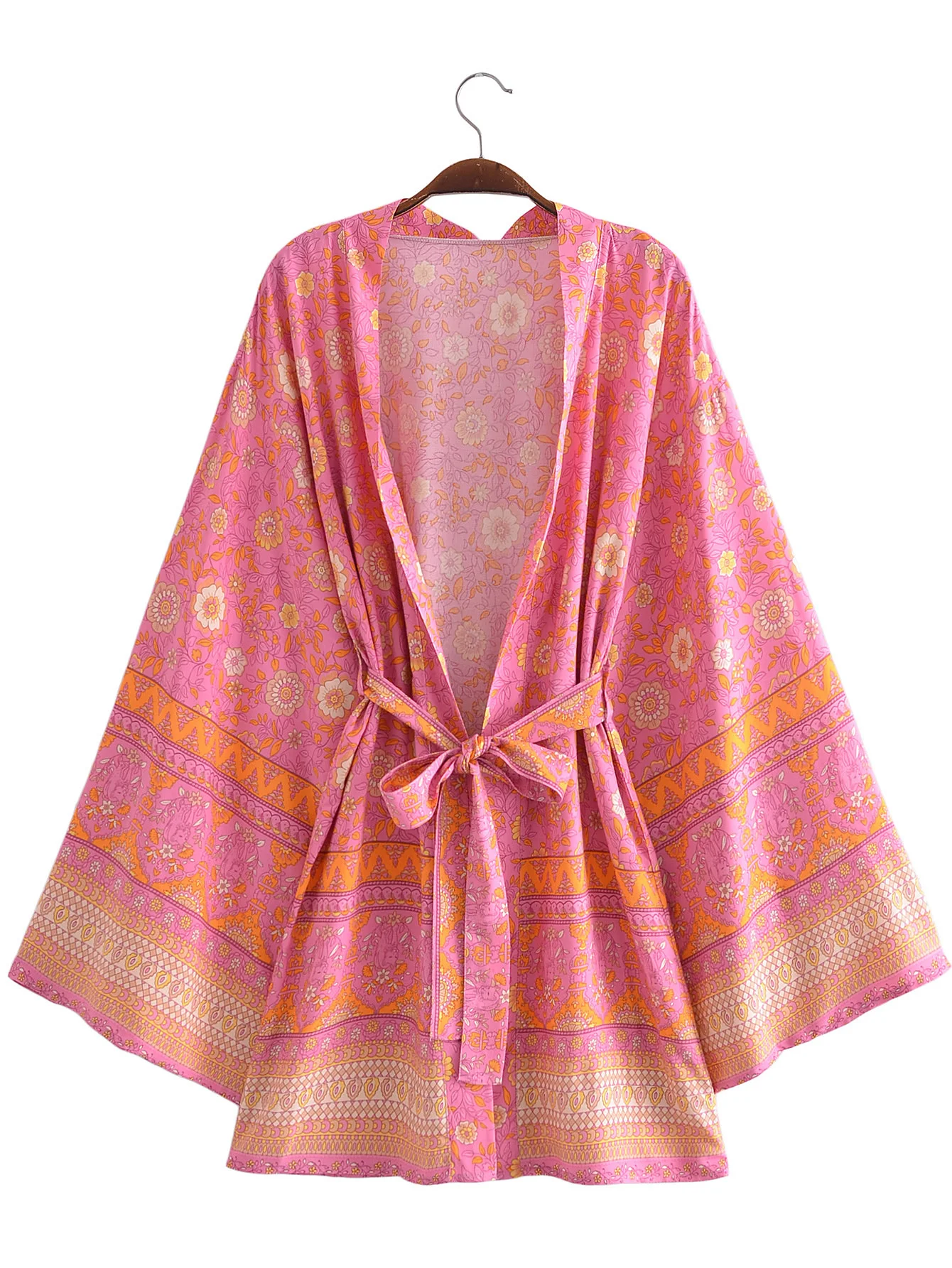BOHO Women Orange Flower Print Kimono Shirt Holiday Tide Bow Sashes Mid Long Cardigan Bat Sleeve Summer Beach Blouse Tops