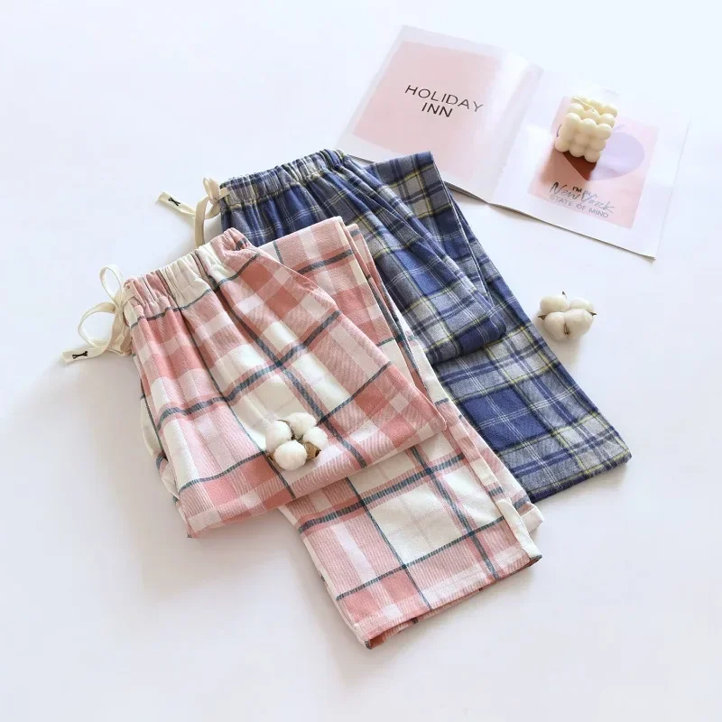 

2025 Japanese New Spring and Autumn Couple Checkered Pants Pure Cotton Velvet Men's and Women's Casual Sleepers Home Pants
