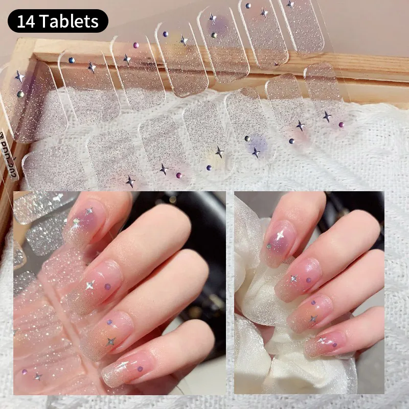 Autocollants pour ongles en gel UV 3D, 14 pièces, paillettes nude, fleurs, nickel é, document adhésif, couverture complète, lampe UV, manucure durcie