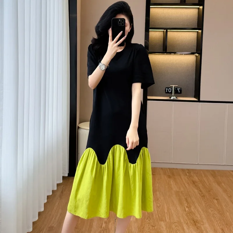 2025 여름 캐주얼 드레스 한국 캐주얼 배색 스티칭 드레스 여성 루즈 슬리밍 여성 티셔츠 피쉬테일 드레스