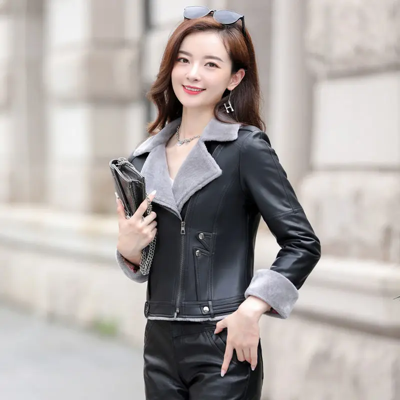 2023 Autumn Winter New Women Short Slim-Fit Leather Coat Fashion Fleece-Lined Warm Leather Jacket Temperament Leisure Outwear