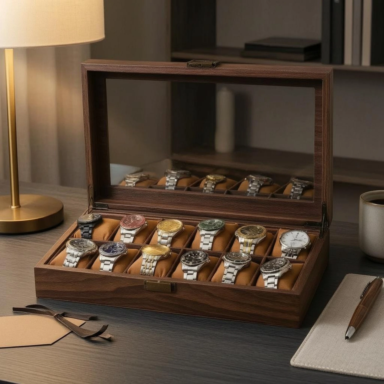 Wooden Watch Box Wood-Grain Watch Display Box Metal Latch Cushioned Pillows