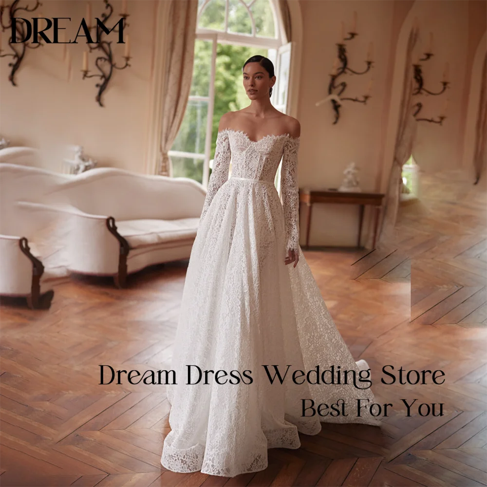 Dream Customized Romantic Elegant Wedding Dress 2026 Off-the-Shoulder Sweetheart Neck Lace Long Sleeves A-Line Train Bridal Gown