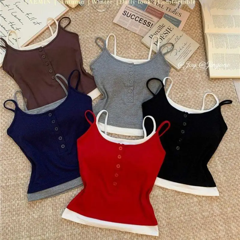 Hot Girl Fake Two-piece Top Color Block Tank Top With Chest Pad Summer Spaghetti Strap Square Neck Button Casual Slim Camis Top