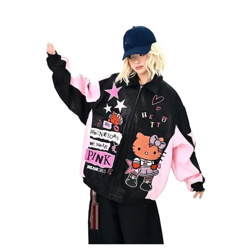 

Женская зимняя куртка Y2K в стиле кавайи с мультяшным принтом, цветными блоками и вышивкой, теплая, свободная, повседневная, женская верхняя одежда
