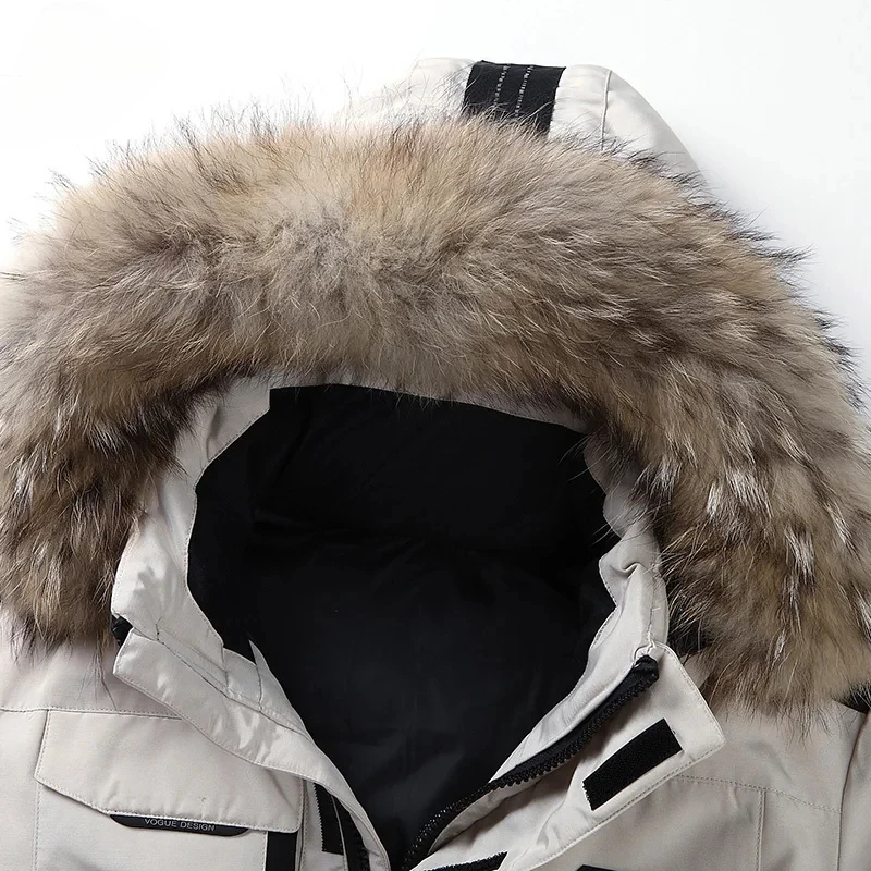 Men's Parka Down Jacket South Korea Running Fur Collar Hooded Luxury White Duck Down Warm Coat Men's Cold-proof Tooling Coat