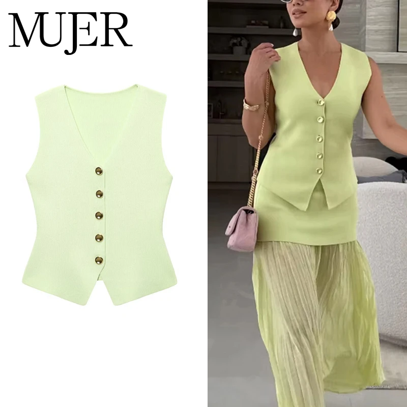 

MUJER Knit Sleeveless Vests for Women Summer Button Vest Top Woman Holiday Waistcoat Women's Tailored Vest Knitted Coat Jackets
