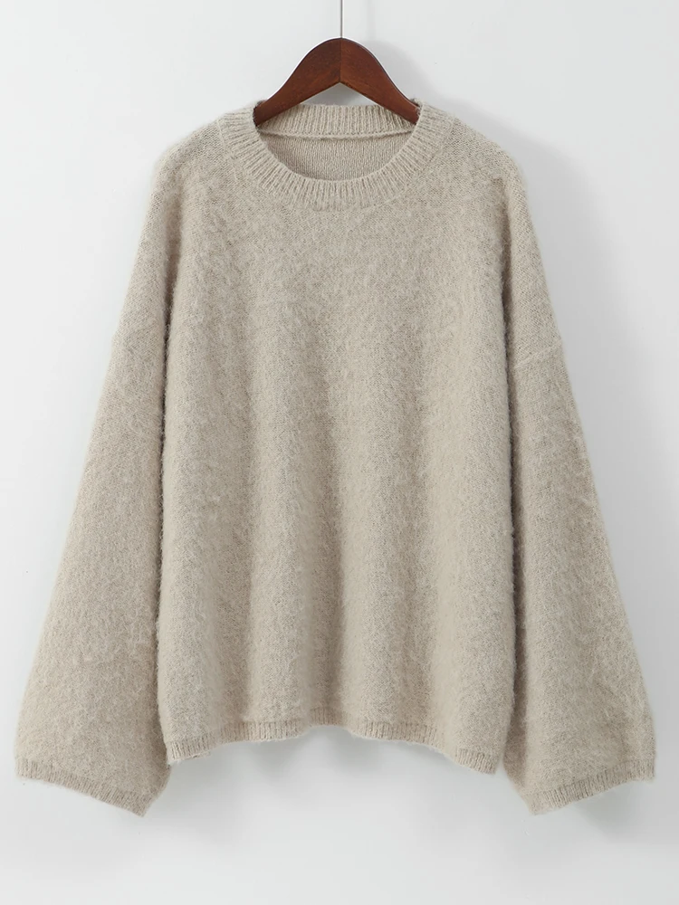 Casual O-neck Cashmere Knitted Pullover Women Chic Solid Mohair Long Sleeves Loose Sweater 2024 Autumn Lady Commute Knitwear ﻿