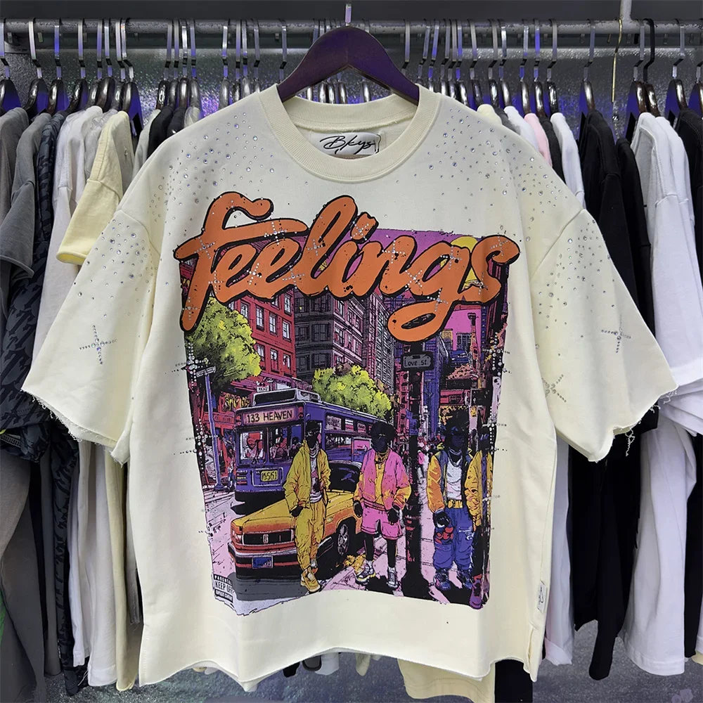 New Green Apricot Feeling F-Terry Cropped T-shirts Men Women Fashion Letter Rhinestone Logo Bling Graffiti Pattern Print Tees