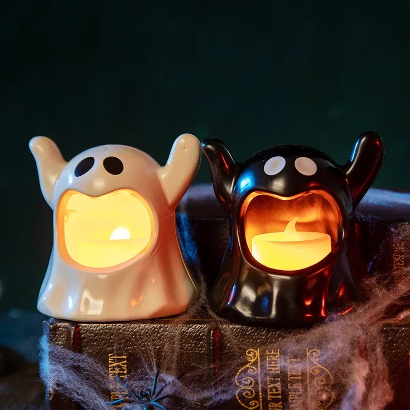 Halloween Candle Holder LED Candlestick Kawaii Ghosts Ornament Lighting Candle Holder Halloween Party Desktop Decor Gift for Kid