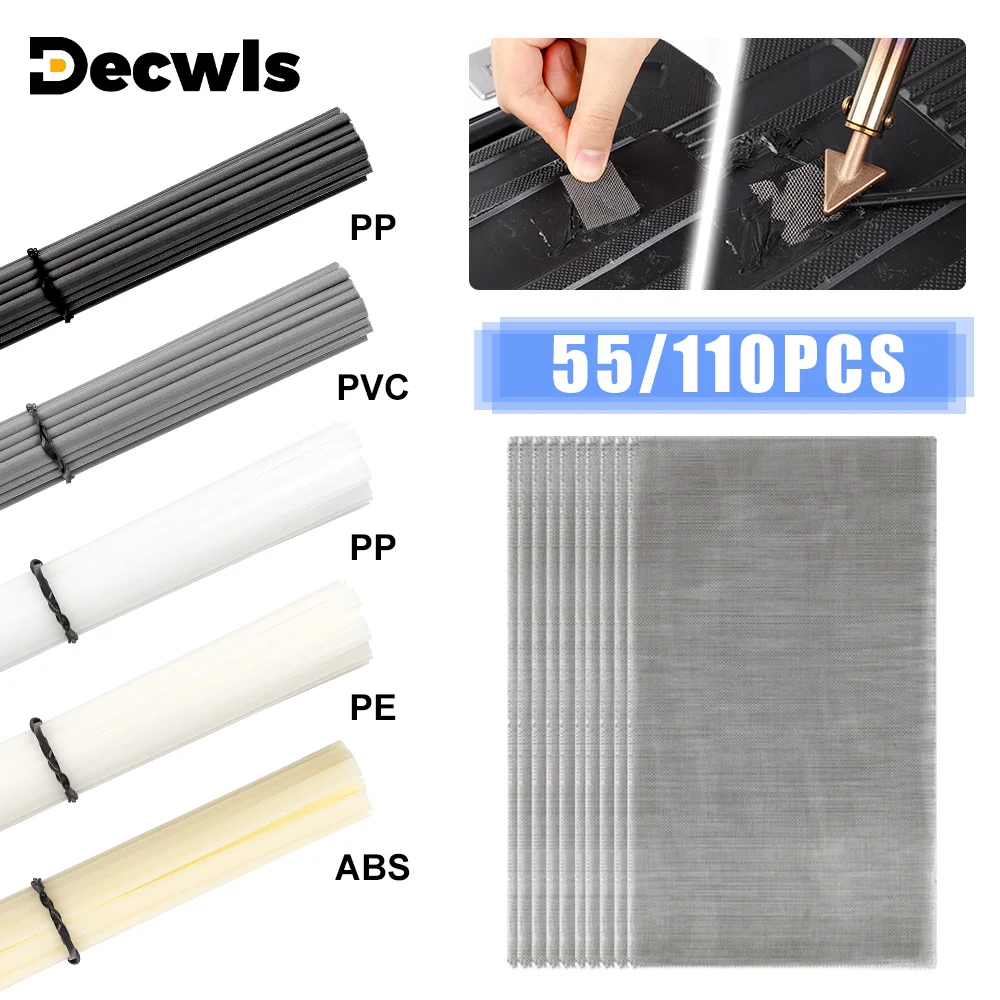 55/110 stuks kunststof lasset, ABS PP PVC PE kunststof lasstaven, 304 roestvrij staal lasreparatiegaas, autobumperreparatiegereedschap, laspistool en soldeerboutaccessoires, lasmaterialen voor autobumper/kajakreparatie