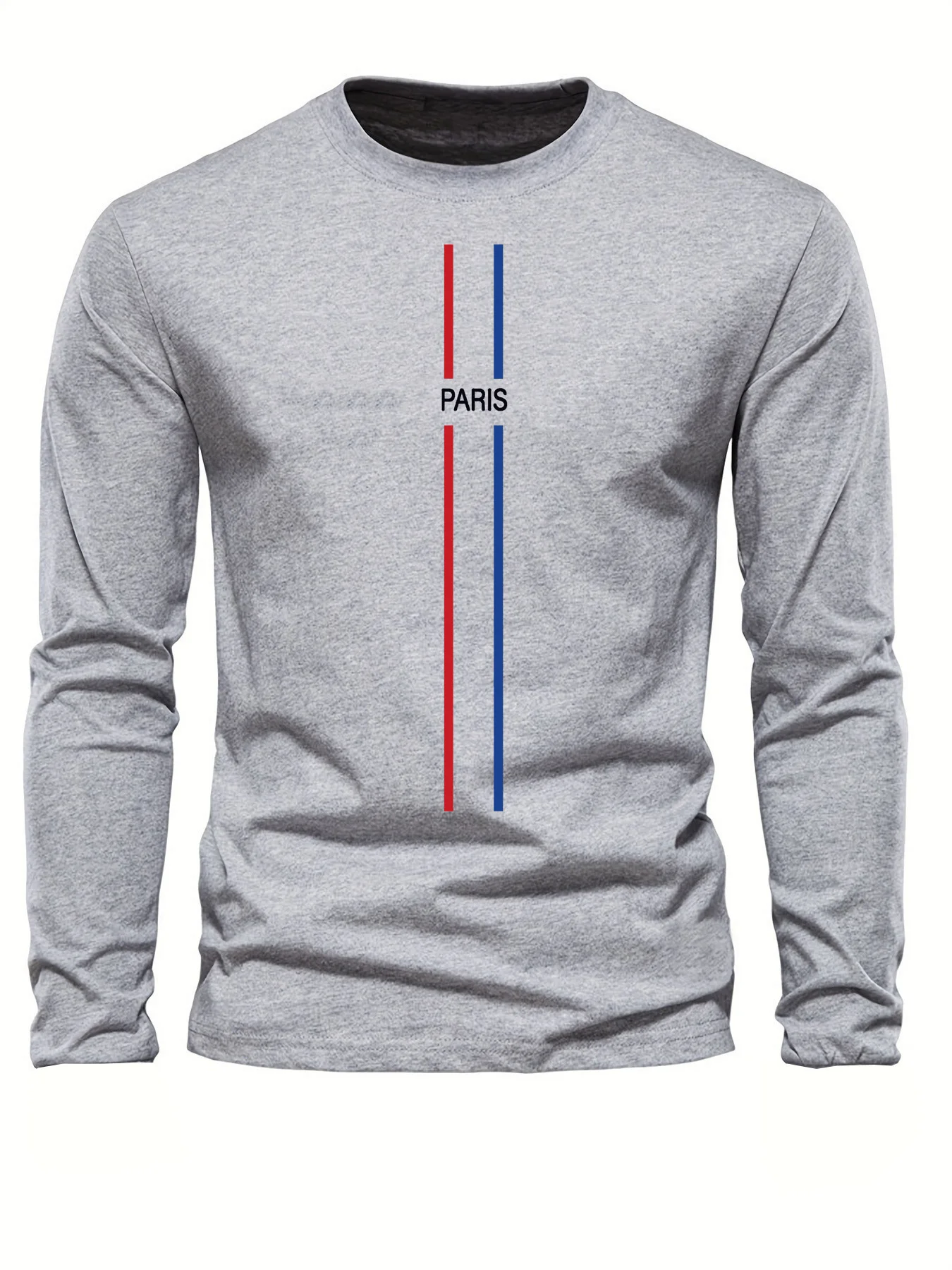Męska koszulka z długim rękawem, okrągły dekolt, luźny krój, wzór Paryża, nadruk, uniwersalna, na wiosnę i jesień, wykonana w 100% z czystej bawełny.