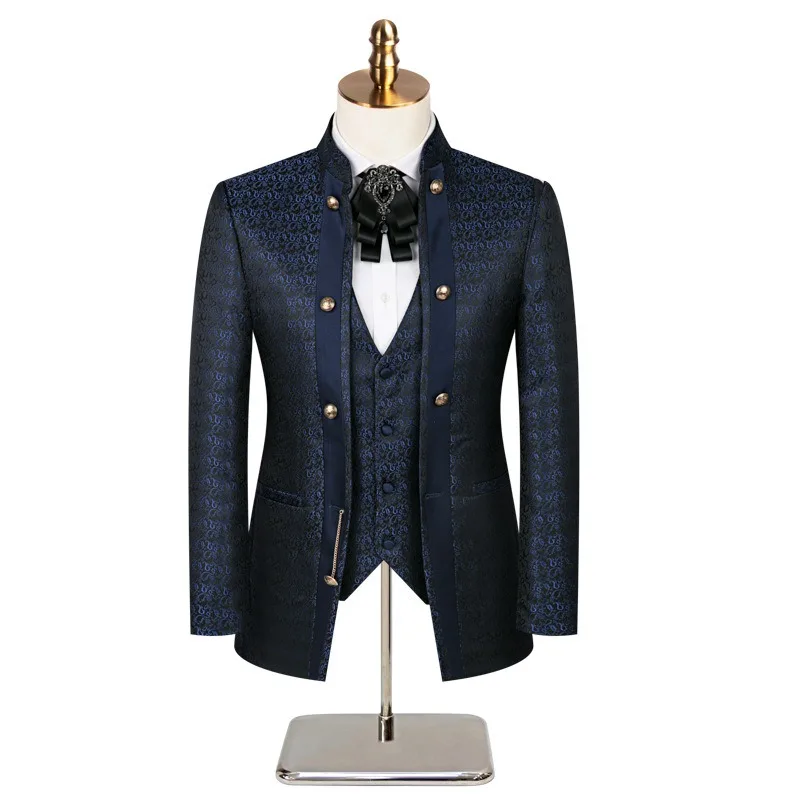 Jacquard Host Performance Costume 3pcs Jacket Pants Vest Man'S Suit Set Stand Collar Best Man Clothing Designer Boyfriend Blazer