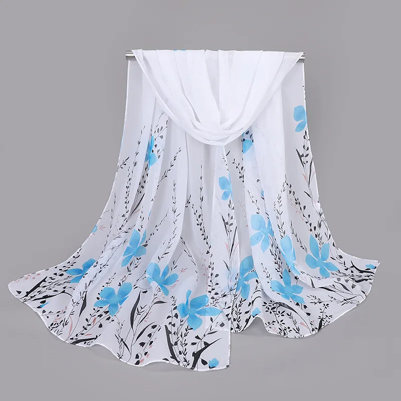 Simulation Silk Scarf Women's Floral Print Pattern Chiffon Scarf Long Gauze Lightweight Neck Scarf Fashionable Shawl Hijab
