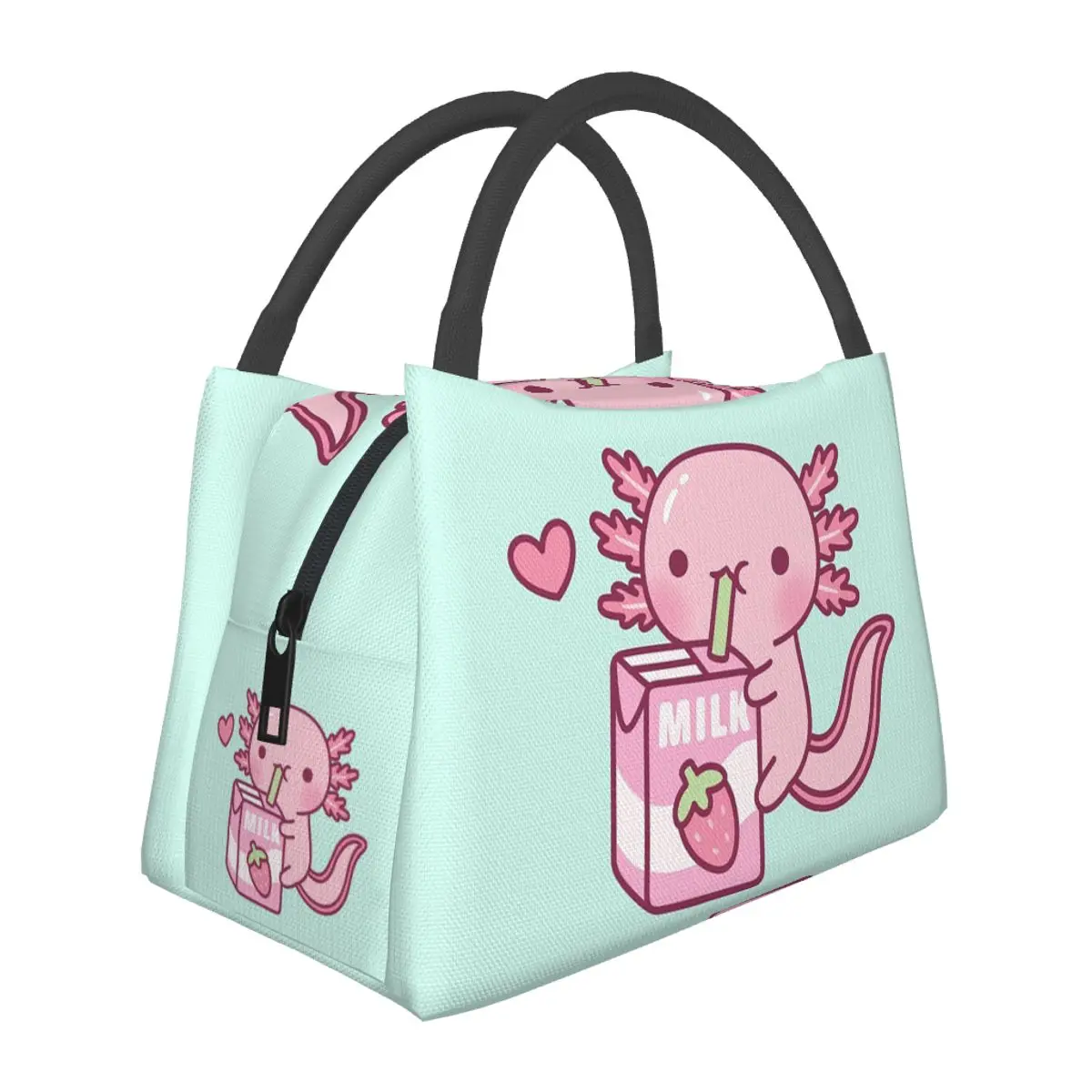 Cute Axolotl Loves Strawberry Milk Doodle Lightweight Handheld Insulated Lunch Bag Aluminum Foil Liner for Adults Travel Picnic