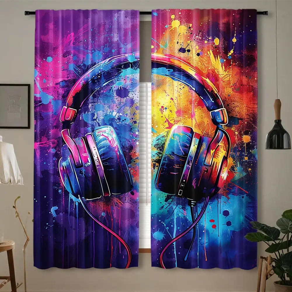 2PCS Colorful Headphone Printed Curtains, Digital Printed Curtains, Pole Pocket Design, Privacy Protection, Polyester Material