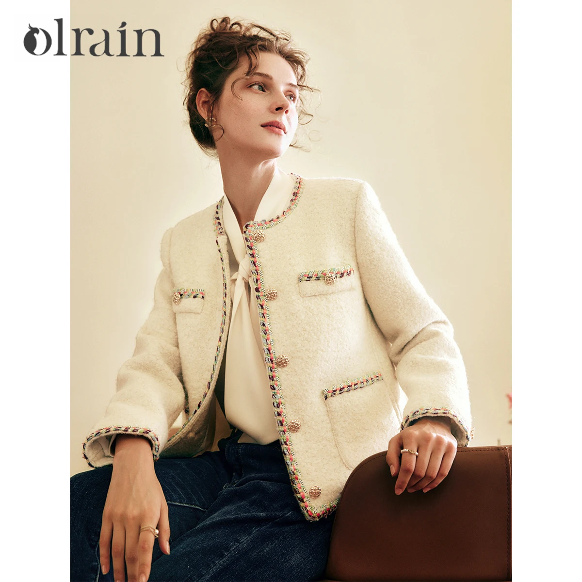 OLrain Women's Apricot Jacket Tweed Design O-neck Short Coat 2026 Autumn Winter Long Sleeve Elegant Ladies Jacket O22DW65836