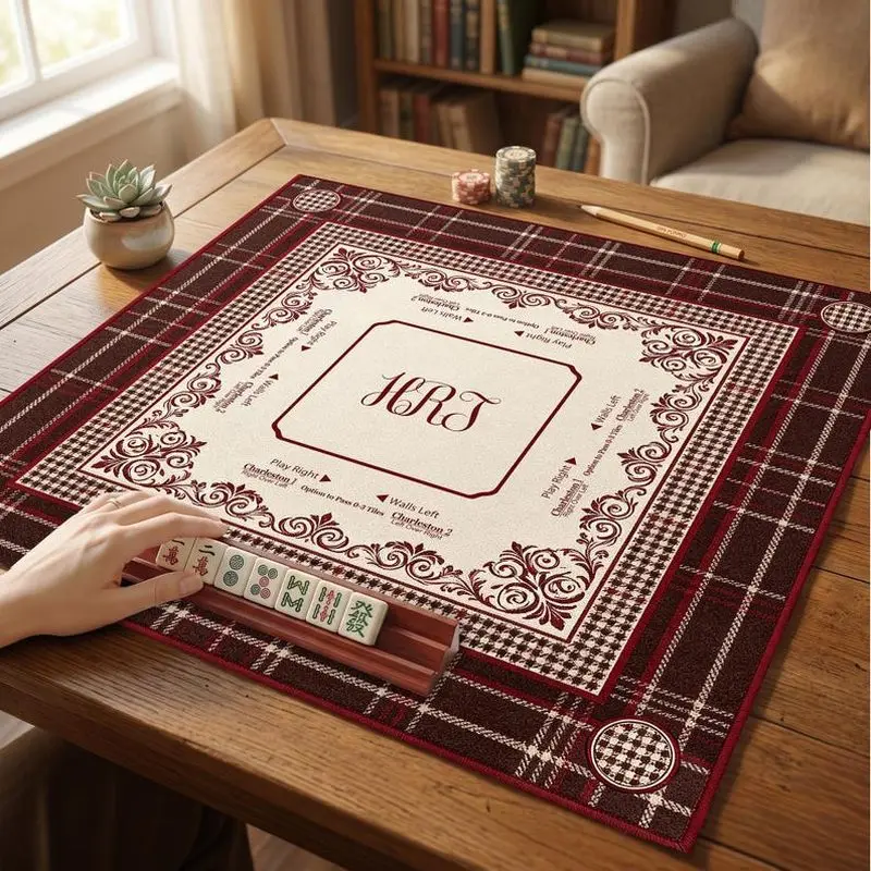 VIKAMA Vintage Plaid Floral Mahjong Mat Non Slip Shock Absorb Square Pad Washable For Classic American Mahjong Lovers