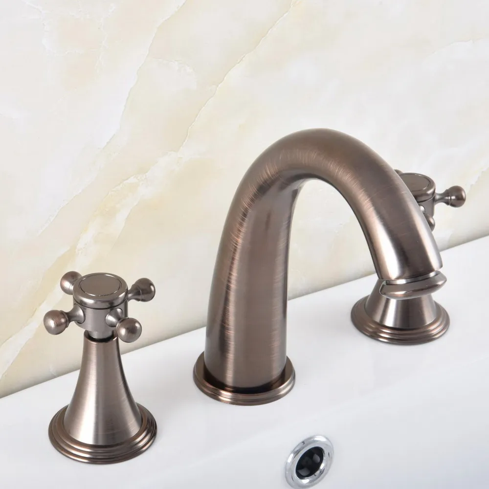 

ORB Brass Double Handle Deck-Mount Three Hole Widespread Bathroom Lavatory Vessel Basin Faucet Sink Mixer Cold Hot Tap dnf586