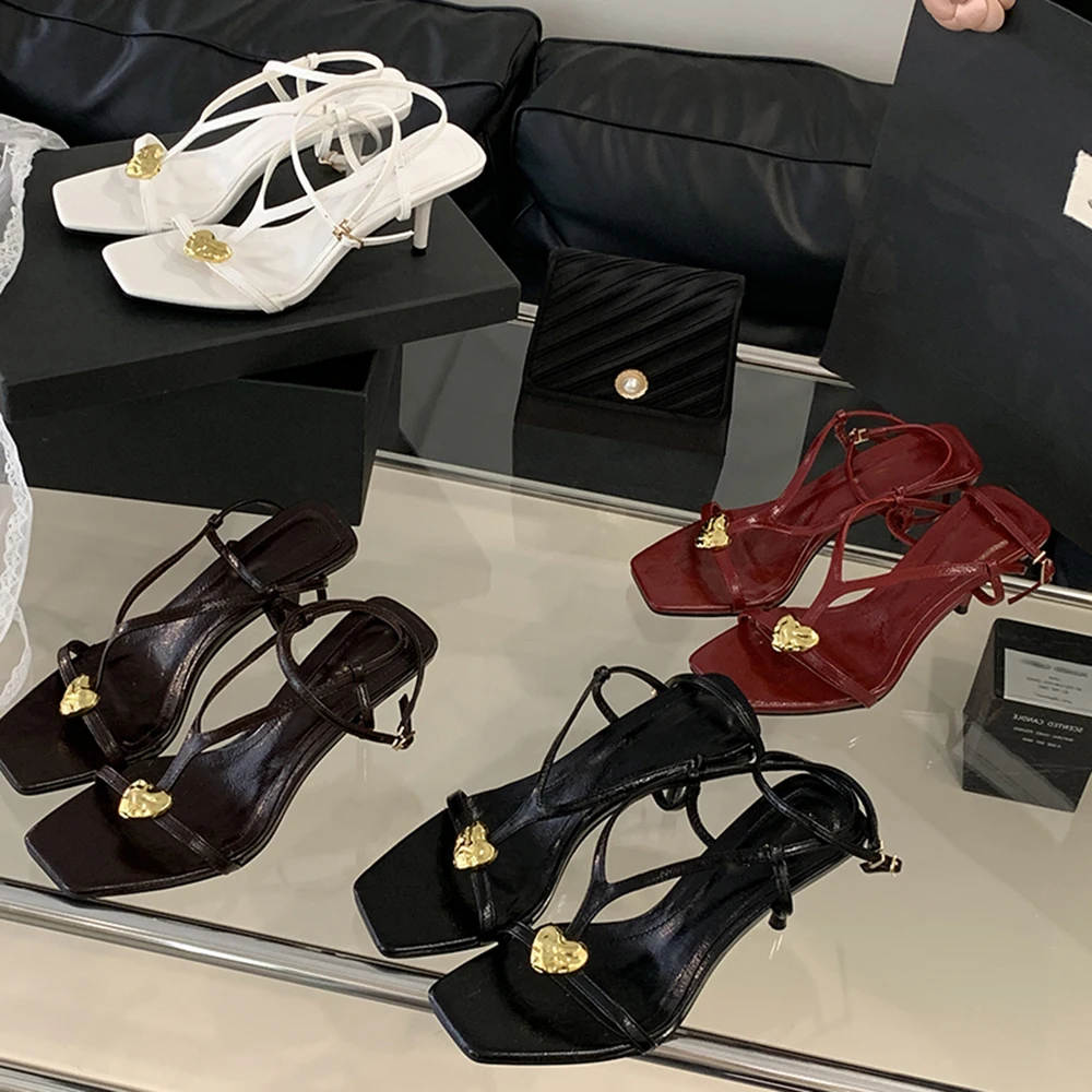 

Aneikeh Fashion Open Toed Women Narrow Band Shoes Square Head Thin Heel Gladiator Sandals Metal Buckle Thin Strap High Heels