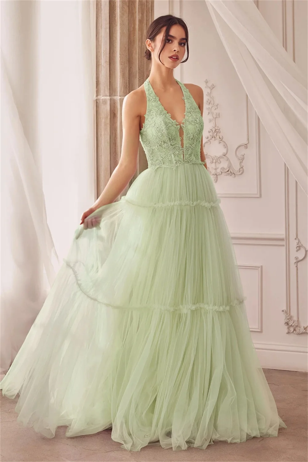 Halter-neck Tulle Prom Dresses Sleeveless Backless Lace Appliques Sheer Corset Formal Evening Gowns A-line Long Beaded Ball Gown